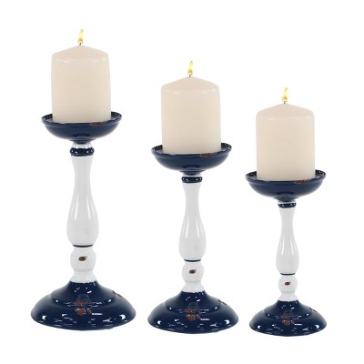 Set of 3 Rustic Metal Candle Holders White/Blue - Olivia & May