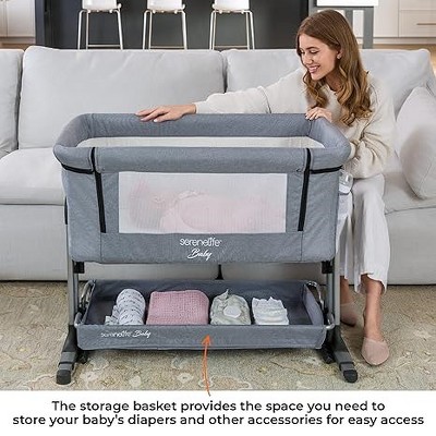 Grey Adjustable Height Portable Baby Bassinet with Mesh Sides