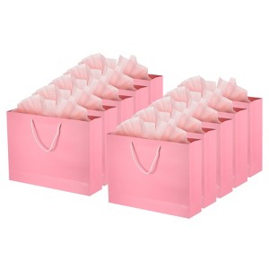 Unique Bargains Durable Paper Bright Color Three-Dimensional Cut Easy to Carry Pink Gift Bags with Tissue 12 Sets - 1 of 4