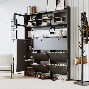 Entryway Shoe Cabinet with Flip Drawers, Contemporary Shoe Cabinet with Open Storage Platform, Tempered Glass Hall Tree For Hallway Entryway Black 2 - 1 of 4
