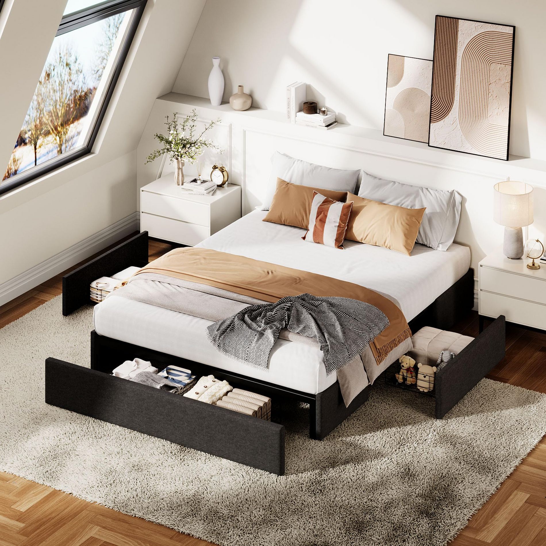Full Size Storage Bed Frame with 3 XL Drawers - Upholstered Platform Bed, No Box Spring Needed, Wood Slat Support, Easy Assembly