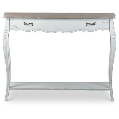 Distressed White and Natural Wood Console Table with Storage