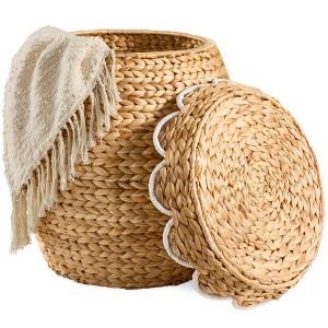 Best Choice Products Scalloped Water Hyacinth Storage Tote Basketwith Lid - Natural with White Trim - 1 of 4