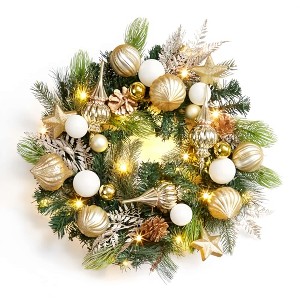 24" Christmas Wreaths, Pre-Lit Christmas Door Wreath with Gold Ball Ornaments, Pine Cones, Holiday Xmas Fireplace Window Decor - 1 of 4