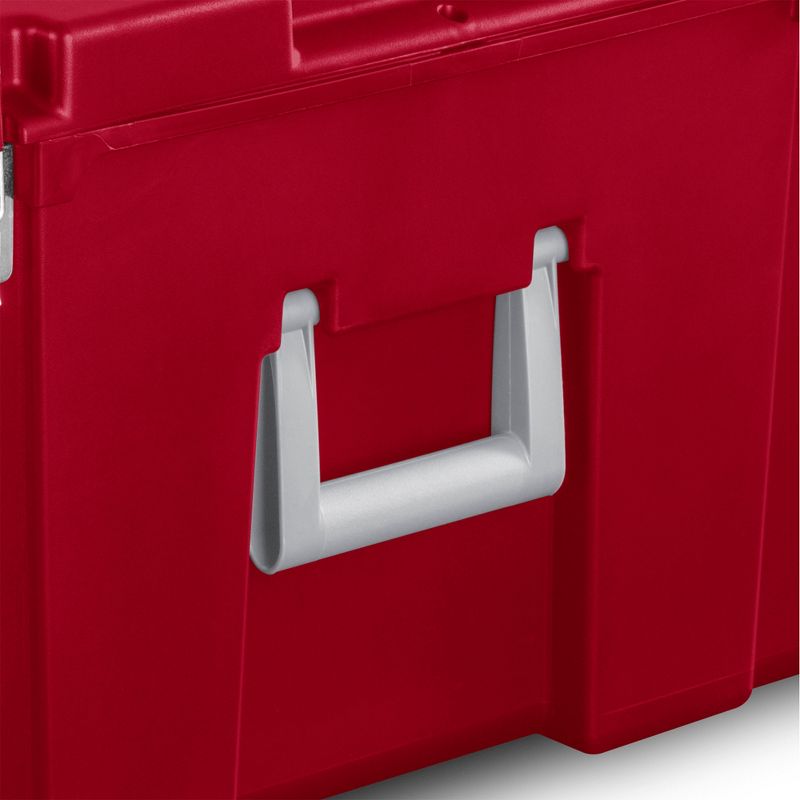 Sterilite 23 Gallon Lockable Storage Tote Footlocker Toolbox Container Box w/ Wheels, Handles, Metal Hinges, & Latches, Infra Red w/ Clips, 4 Pack, 3 of 7