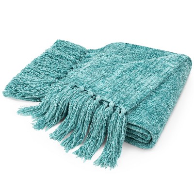 PAVILIA Chenille Throw Blanket with Woven Knitted Tassel Fringe for Couch, Living Room Decor and Bed