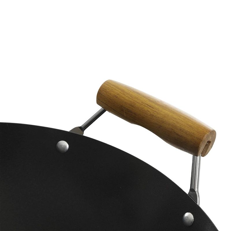 Kenmore Hammond 14 Inch Flat Bottom Carbon Steel Wok in Black with Wooden Handles, 4 of 8