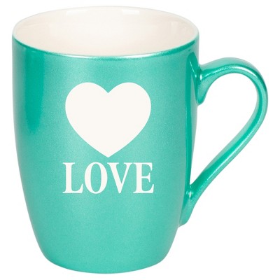 100 North Heart 10 Ounce Seafoam Metallic Finish, Comfortably Fits Your Hands, New Bone China Coffee Tea Cup Mug, Love