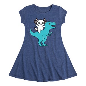 Girls' - Instant Message - Axolotl Riding A Dinosaur Fit & Flair Cap Sleeve Graphic Dress - 1 of 4
