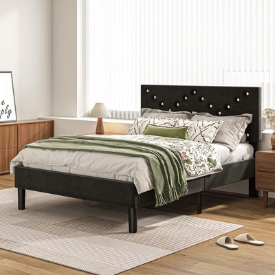 KTMBDW Platform Bed Frame with Fabric Upholstered Headboard and Wooden Slats Support, No Box Spring Needed/Easy Assembly, Black