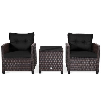 Tangkula 3PCS Wicker Cushioned Conversation Set Outdoor Rattan Furniture w/Beige/Red/Black/Navy/Off White/Turquoise  Cushions