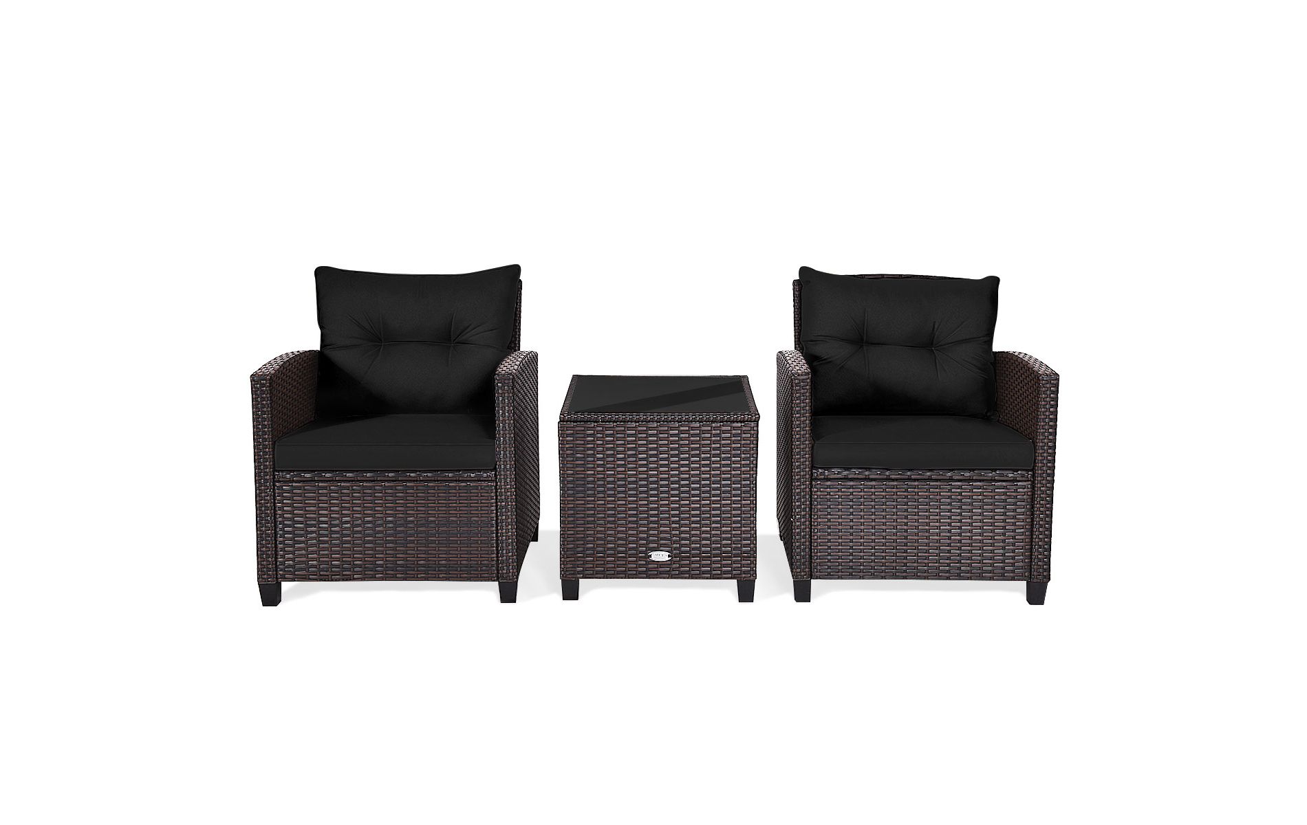 Tangkula 3PCS Wicker Cushioned Conversation Set Outdoor Rattan Furniture w/Black Cushions
