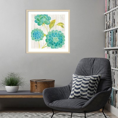 Aqua Blooms Botanical Lithograph with Wood Frame