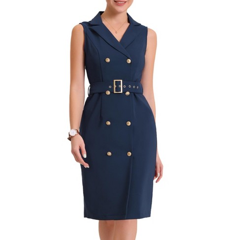 Allegra K Women's Sleeveless Notched Lapel Double Breasted Belted Work  Office Dress Navy Blue Medium