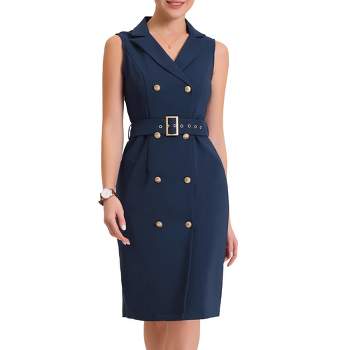 Allegra K Women's Sleeveless V Neck Notched Lapel Double Breasted Belted Work Office Dress