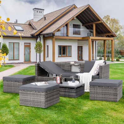Bestier Patio Furniture Sets, Outdoor Wicker Conversation Set with Lift Top Table, Adjustable Backrest, Ottomans, Modular Sectional Sofa for Backyard