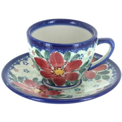Blue Rose Polish Pottery Poinsettia Tapered Espresso Cup & Saucer