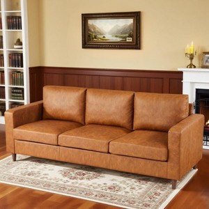 Leather Sofa, 85" Mid-Century Modern Couch, 3-Seater Sofa with Armrests and Comfy Cushions, Deep Seat Leather - 1 of 4
