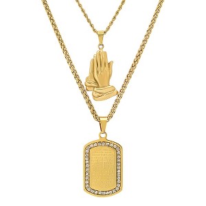 Steeltime 24" and 30" 18k gold plated stainless steel double layered chain with prayer hands & Our Father prayer dog tag pendant. - 1 of 4