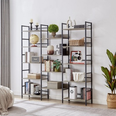 Triple Wide 5-shelf Bookshelves Industrial Retro Wooden Style Home and Office Large Open Bookshelves
