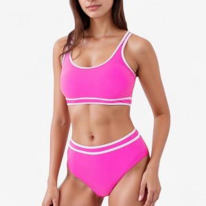 Anna-Kaci Swim Women's Sporty High Waist Bikini Set with Contrast Trim and Scoop Neck Crop Top - 1 of 4