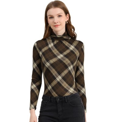 Allegra K Women's Turtleneck Long Sleeve Stretch Slim Plaid Casual Blouse