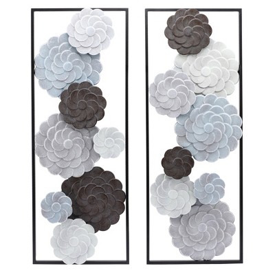 LuxenHome Multi-Color Flowers Metal Rectangular Panels Wall Decor Wall Art, Set of 2 Multicolored