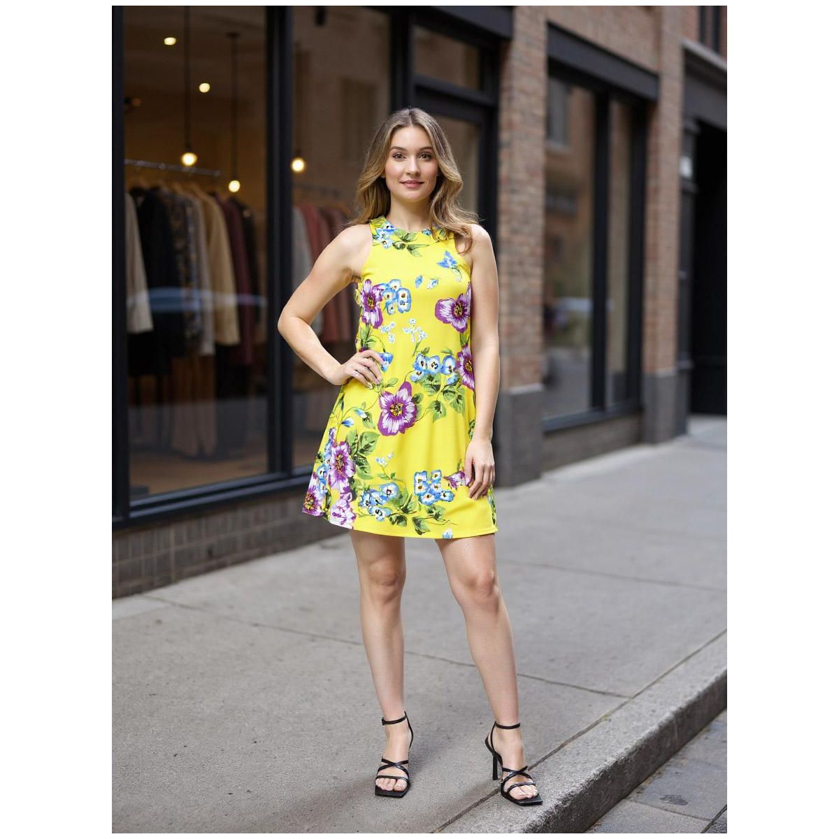 Womens Yellow Floral Round Neck Sleeveless A-Line Mini Shift Dress - 24seven Comfort Apparel™ - thumbnail 5