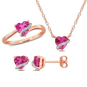 EVERLY JEWELRY | 3 7/8ct TGW Created Pink Sapphire and Diamond Stud Earrings, Swirl Pendant, and Heart Ring Set in Rose Plated Sterling Silver - 1 of 4