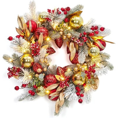 GAOMON 24 Inch Christmas Wreath with Lights, Snow Flocked Outdoor Christmas Wreaths for Front Door, Lighted Xmas Wreath