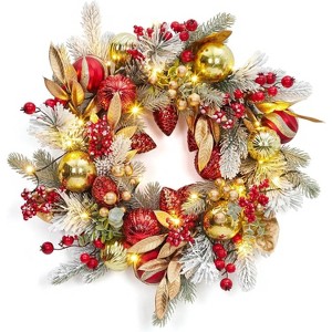 GAOMON 24 Inch Christmas Wreath with Lights, Snow Flocked Outdoor Christmas Wreaths for Front Door, Lighted Xmas Wreath - 1 of 4