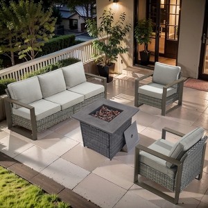 Buenhomino Patio Rattan Furniture Set 4-Piece Outdoor PE Wicker Conversation Set with 50,000BTU Fire Pit Table - 1 of 4