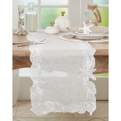 White Embroidered Seashells Polyester Table Runner, 14" x 72"