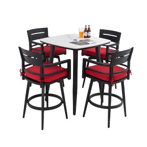 UNISOAR Modern 5PC Outdoor Patio Bar Set,Rounded Square Sintered Stone Table & 4 Swivel Bar Chairs,Non-Rust Aluminum Frame, Marble-Inspired Top - 1 of 4