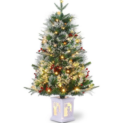 3ft Snow Flocked Christmas Tree, Small Artificial Christmas Tree with Base & 78 Lights, 8 Lighting Modes Hinged Xmas Tree, Christmas Decor