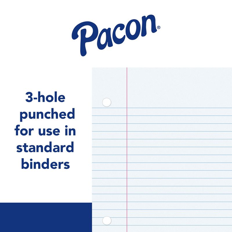 Pacon® Filler Paper, White, 3-Hole Punched, Red Margin, 3/8" Ruled, 8" x 10.5", 200 Sheets Per Pack, 3 Packs, 3 of 4