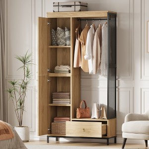 Freestanding Closet Organizer with Shelves,Hanging Rod, Mesh Side ...