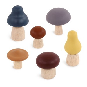 Hudson Baby 6pc Wood and Silicone Mushroom Toy Set, Dark, One Size - 1 of 1