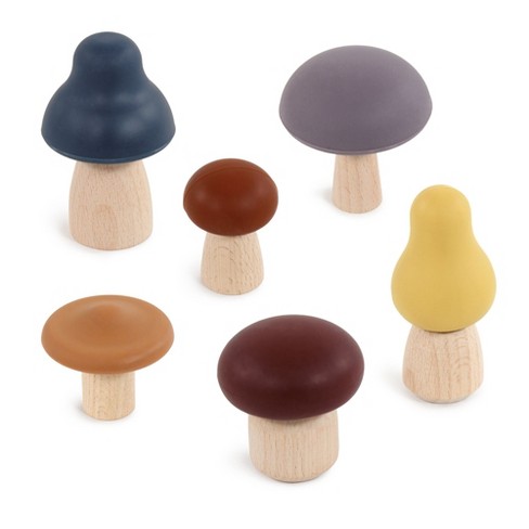 Hudson Baby 6pc Wood and Silicone Mushroom Toy Set, Dark, One Size - image 1 of 1