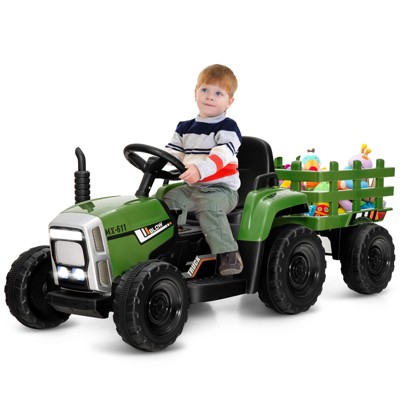 Infans 12V Kids Ride On Tractor w/ Trailer, Battery Powered Electric Toy Car, 3-Gear-Shift Ground Loader Ride On w/ 2.4G Remote Control, LED Lights