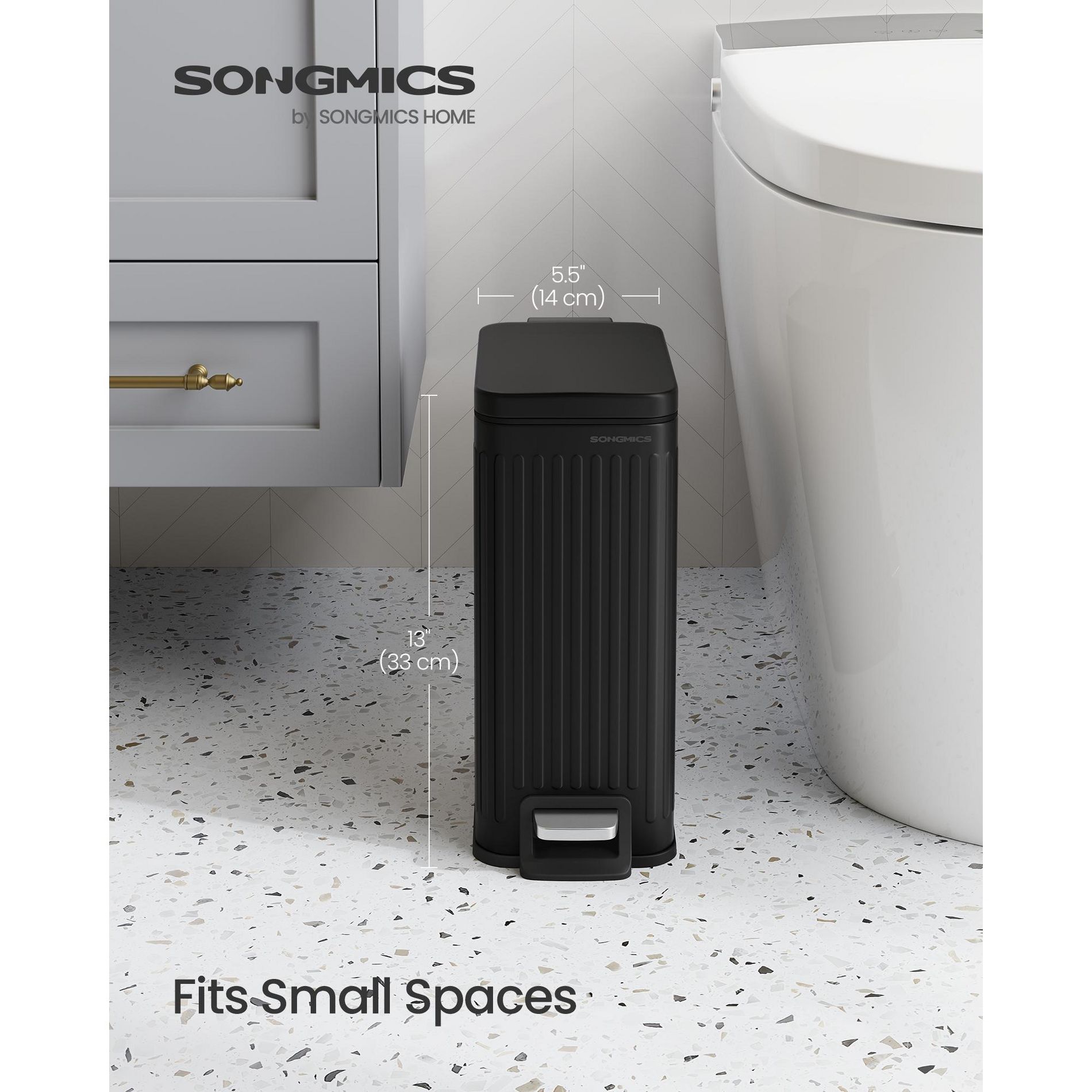 Designer Fluted Bathroom Trash Can - 1.6-Gallon Stainless Steel Bin with Soft-Close Lid & Pedal, Slim Space-Saving