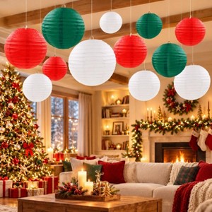 12ct Christmas Hanging Paper Lanterns, Red Green White Round Party ...