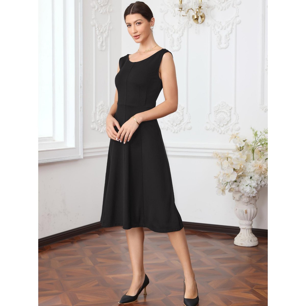 Женские платья INSPIRE CHIC Women's Round Neck Sleeveless Summer Work Office A-line Midi Dresses Large Black — фото 4