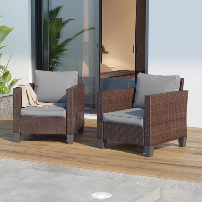 Sonkuki Outdoor 2 PCS Patio Rattan Furniture Set 2 Rattan Chair W/Soft Cushions