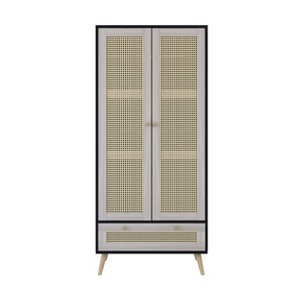 Chery Life 70.8" Tall Armoire Wardrobe Closet with 2 Rattan Doors & 1 Drawer with Hanging Rod for Bedroom, Natural+Black - 1 of 4