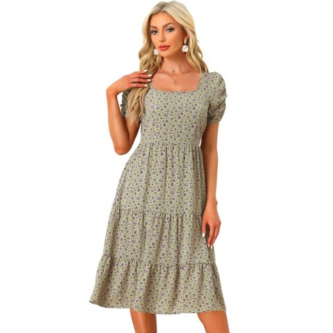 Женские платья Allegra K Women's Floral Dresses Square Neck Puff Short Sleeves Tiered Ruffled Hem Dress Green Purple Large