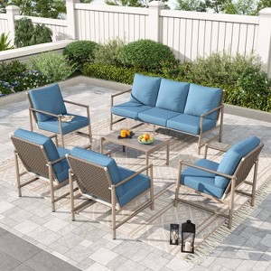 Captiva Designs Coastal 6pc Patio Steel and Rattan Sofa Conversation Set with Coffee Table - 1 of 4