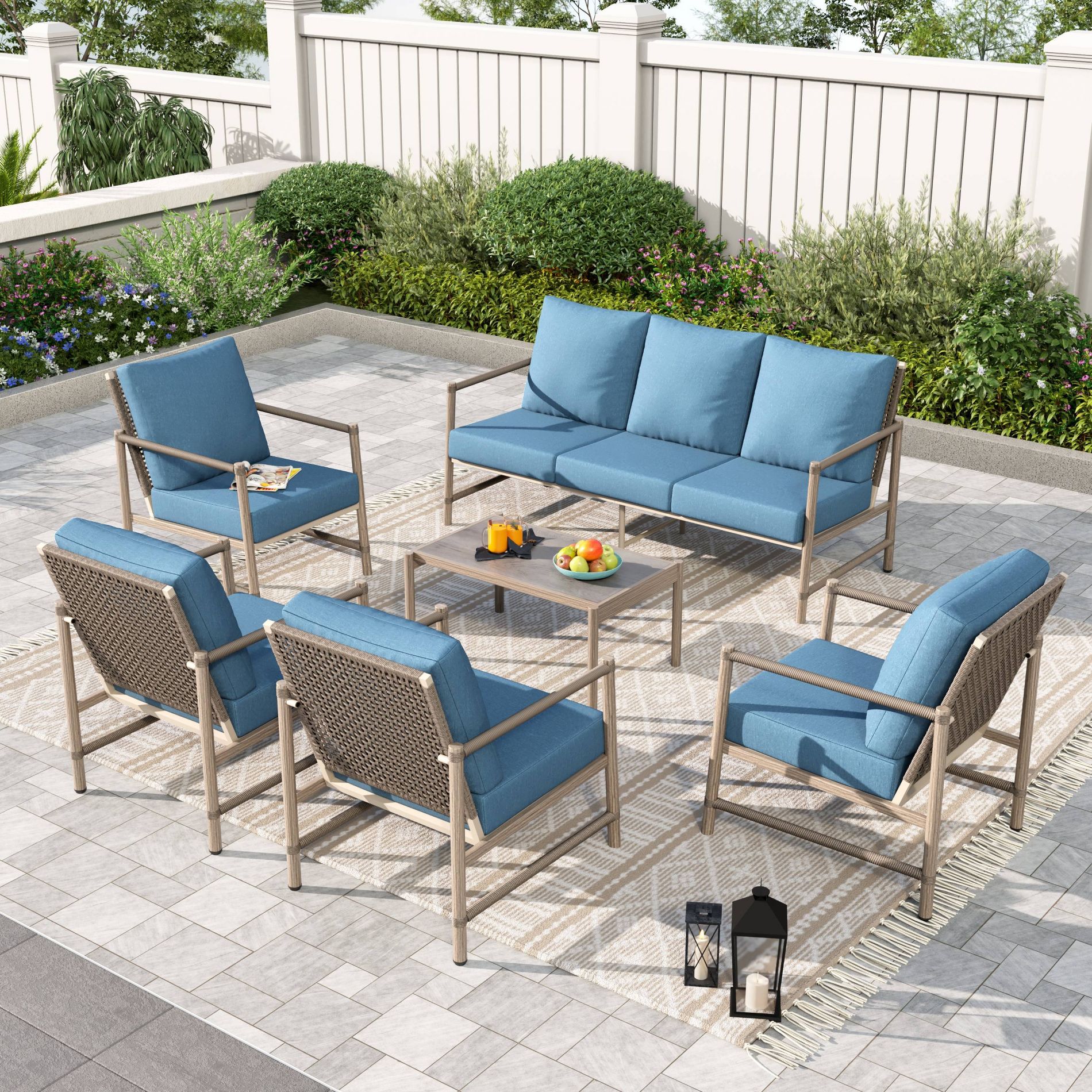 Captiva Designs Coastal 6pc Patio Steel and Rattan Sofa Conversation Set with Coffee Table