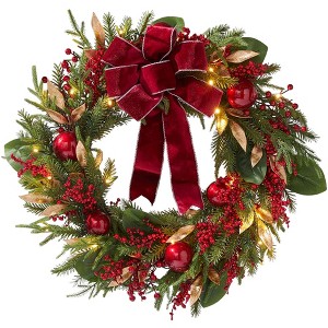 BrylaneHome 26" Pre-Lit Bordeaux Wreath - 1 of 3
