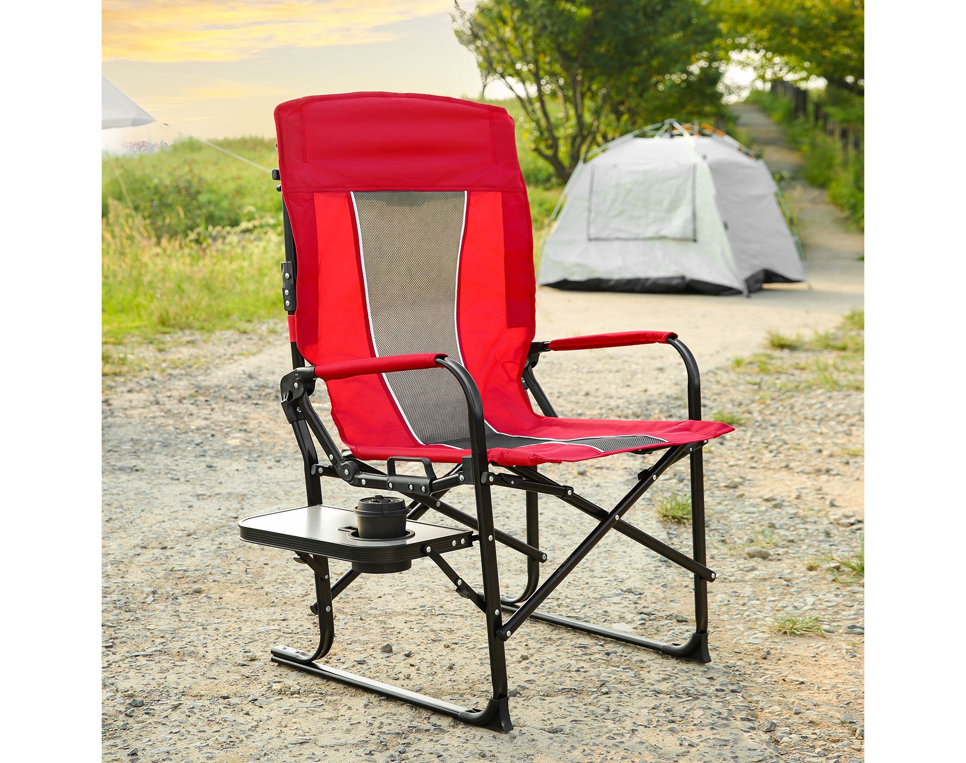KTMBDW Camping Chairs with Side Table, Lawn Chairs Outdoor Sports Chairs, Folding Chair Camping Chairs for Adults, Supports 250lbs, Red